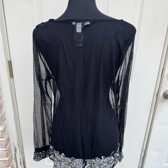 White House Black Market, Black, Floral, Long Sleeve, Sheer Blouse, Size Large - Picture 2 of 6